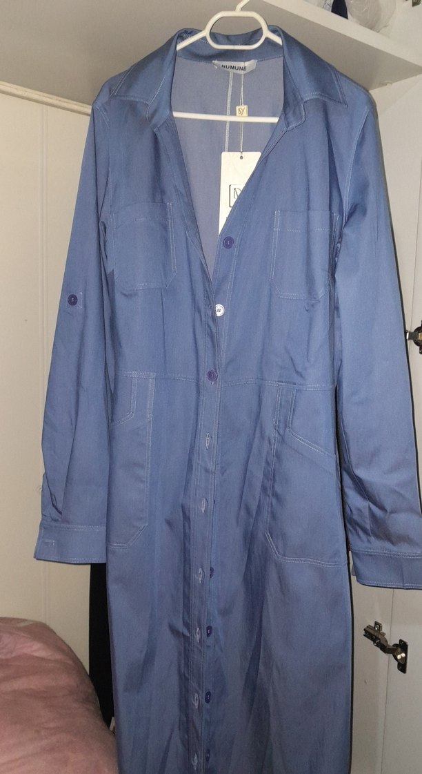 Düğmeli Mavi Uzun afkan  tunik  Keten - Görsel 2