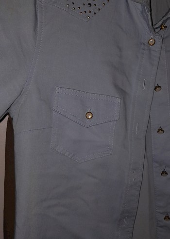 Gri Düğmeli Denim Kadın Gömlek - Görsel 3