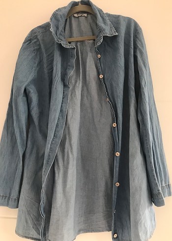 Düğmeli Gri Denim Kadın Gömlek