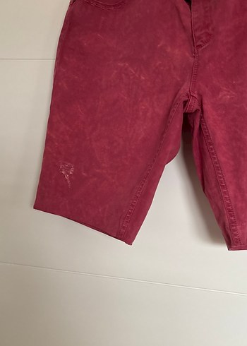 Bordo  Midi Denim Kadın Bermuda Şort - Görsel 3