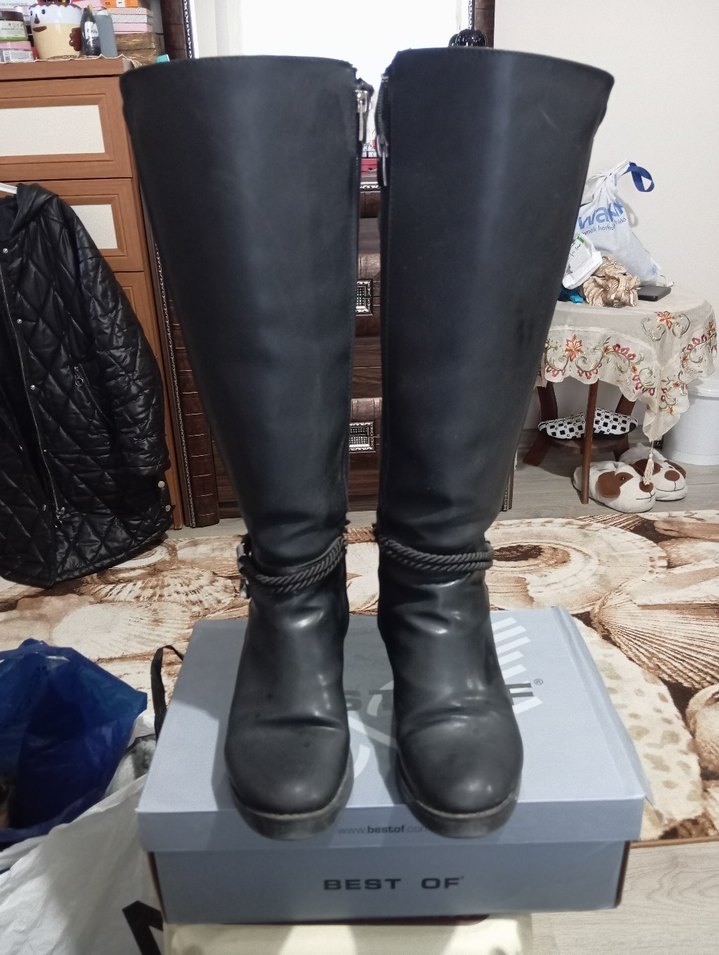 Tokalı Siyah Deri Dizüstü Çizmeler - Görsel 2