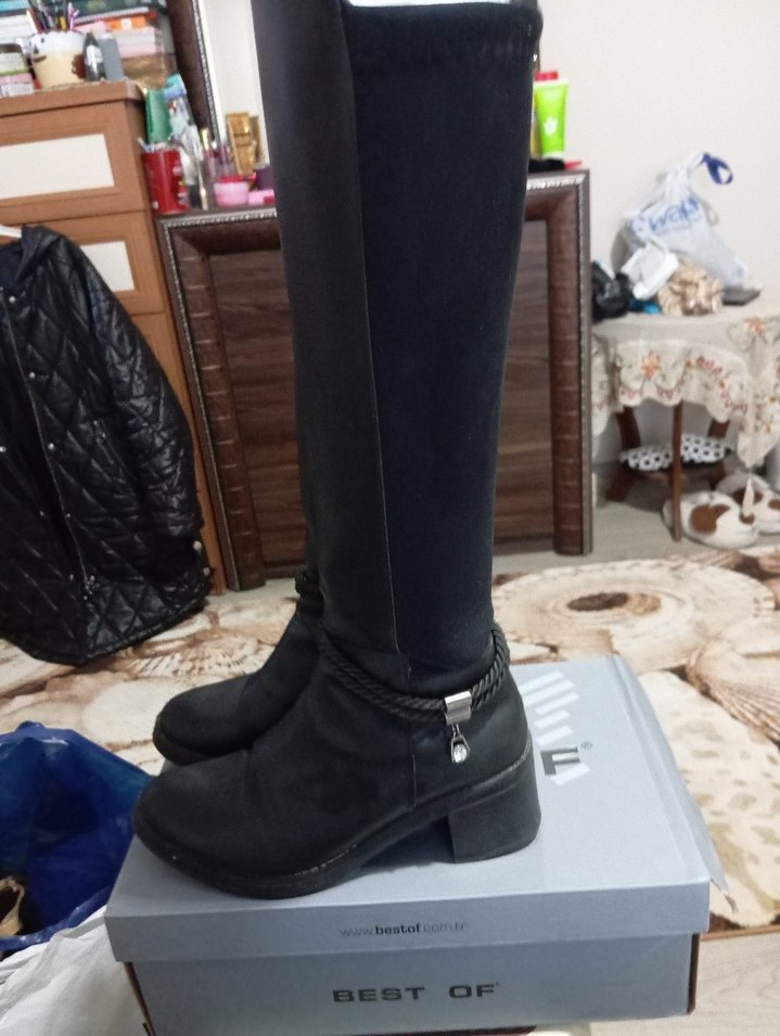 Tokalı Siyah Deri Dizüstü Çizmeler - Görsel 3