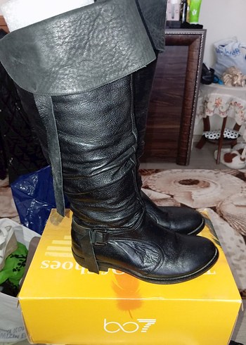 Siyah Deri Tokalı Dizüstü Stiletto Çizme - Görsel 5