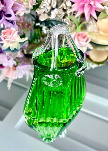 Vintage Cam Sanatı Kulplu Sepet Vazo - Görsel 6