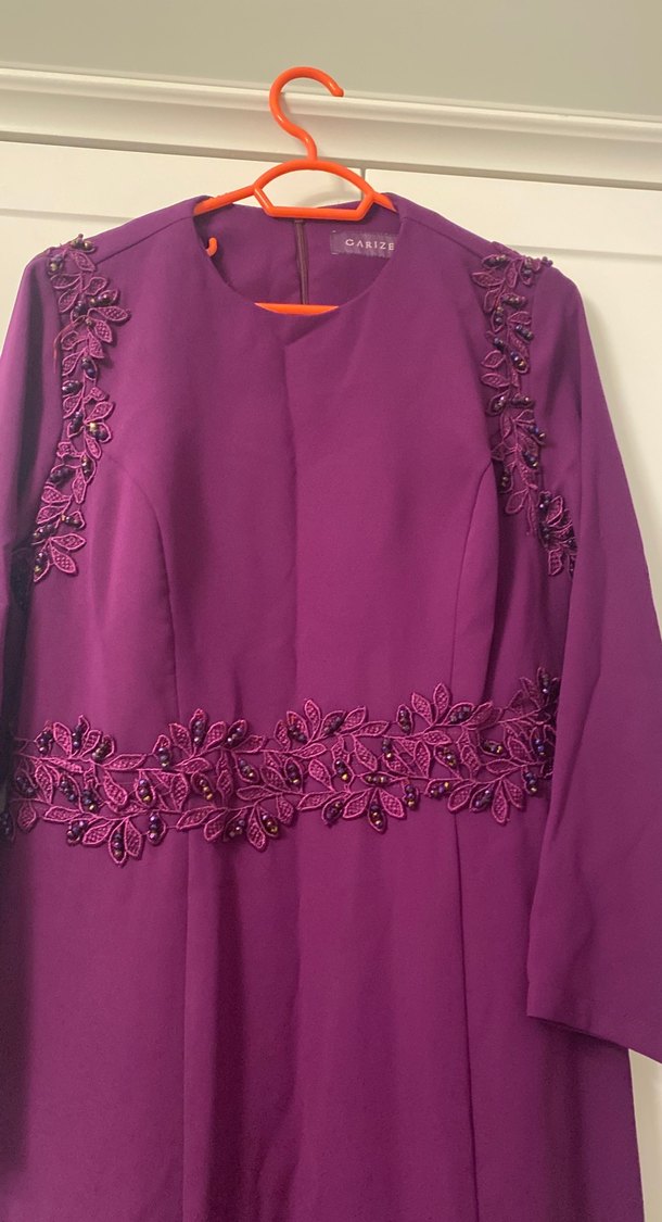 Mor Uzun Kollu Dantel İşlemeli Abiye Elbise - Görsel 3