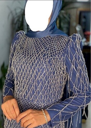 Satılık Mavi Desenli Uzun Drapeli Kadın Tesettür Abiye Elbise - Görsel 2