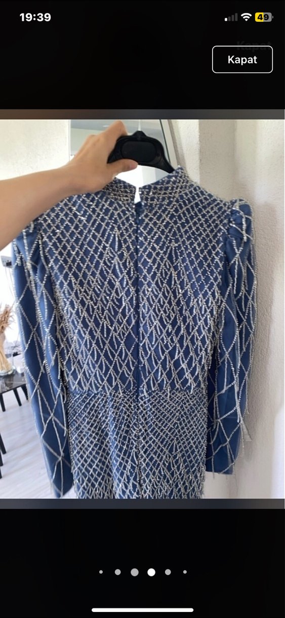 Satılık Mavi Desenli Uzun Drapeli Kadın Tesettür Abiye Elbise - Görsel 3