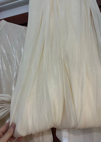 Uzun Beyaz Keten Drapeli Elbise - Görsel 2