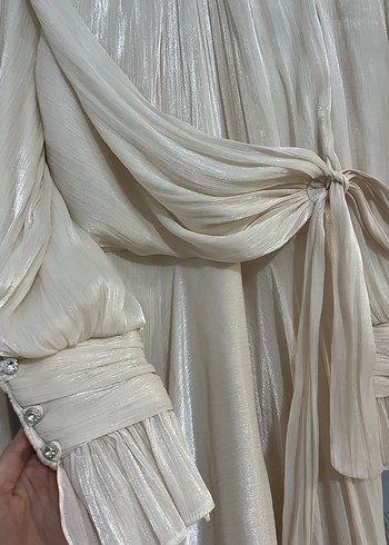 Uzun Beyaz Keten Drapeli Elbise - Görsel 3