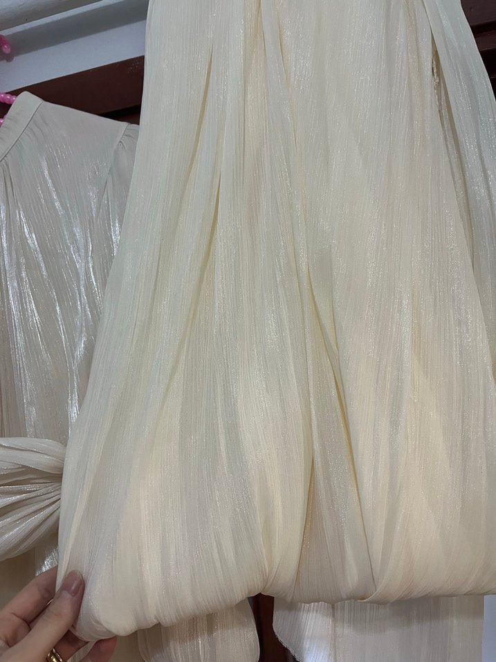 Uzun Beyaz Keten Drapeli Elbise - Görsel 2