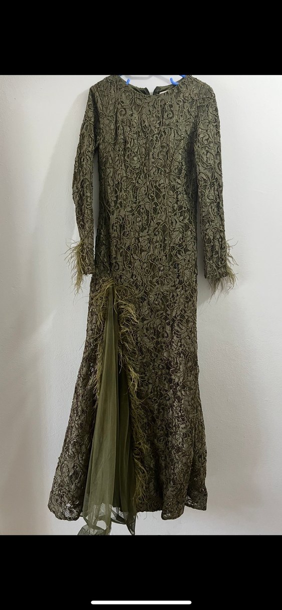 Kadın Haki Uzun Kürk Detaylı Abiye Elbise - Görsel 4