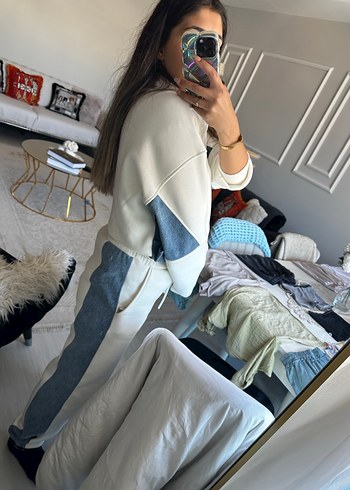 s Beden Kot detaylı Beyaz Kadın Denim Eşofman Takımı