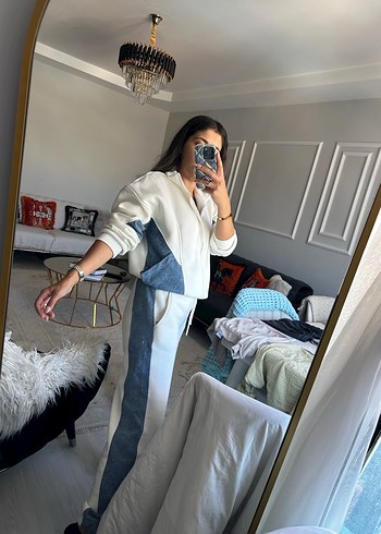 Kot detaylı Beyaz Kadın Denim Eşofman Takımı