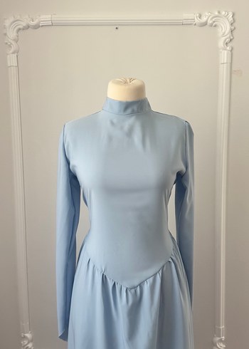 Suud Collection Mavi Uzun Kollu Yüksek Yakalı Uzun Elbise