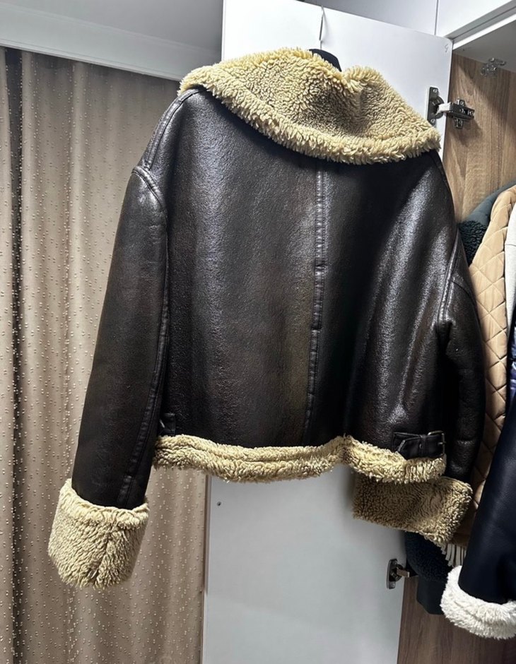 Zata Kahverengi Kürklü Deri Kadın Ceket - Görsel 3