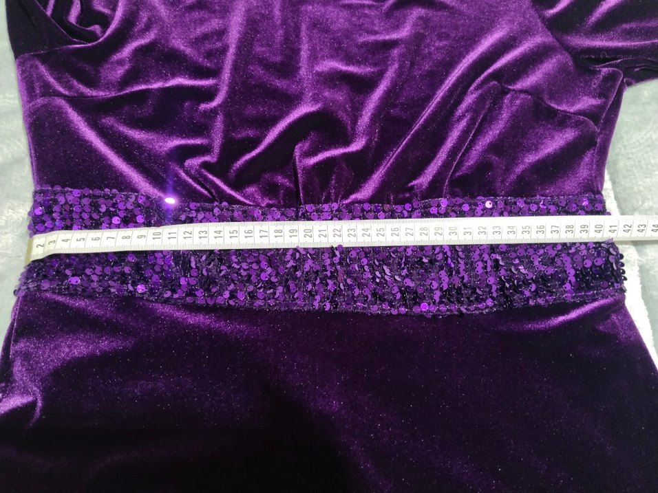 Mor Uzun Kollu Payetli kadife Kadın Abiye Elbise - Görsel 5