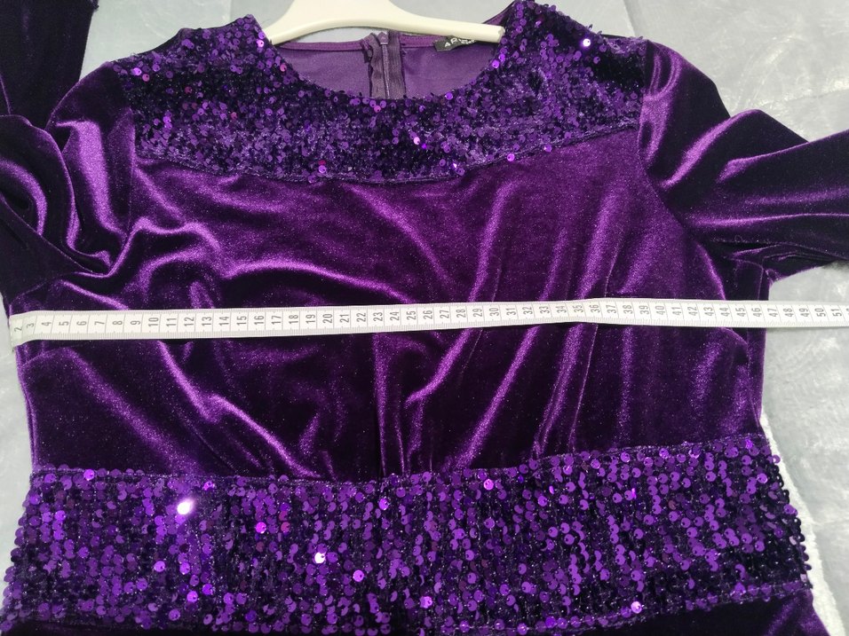 Mor Uzun Kollu Payetli kadife Kadın Abiye Elbise - Görsel 4