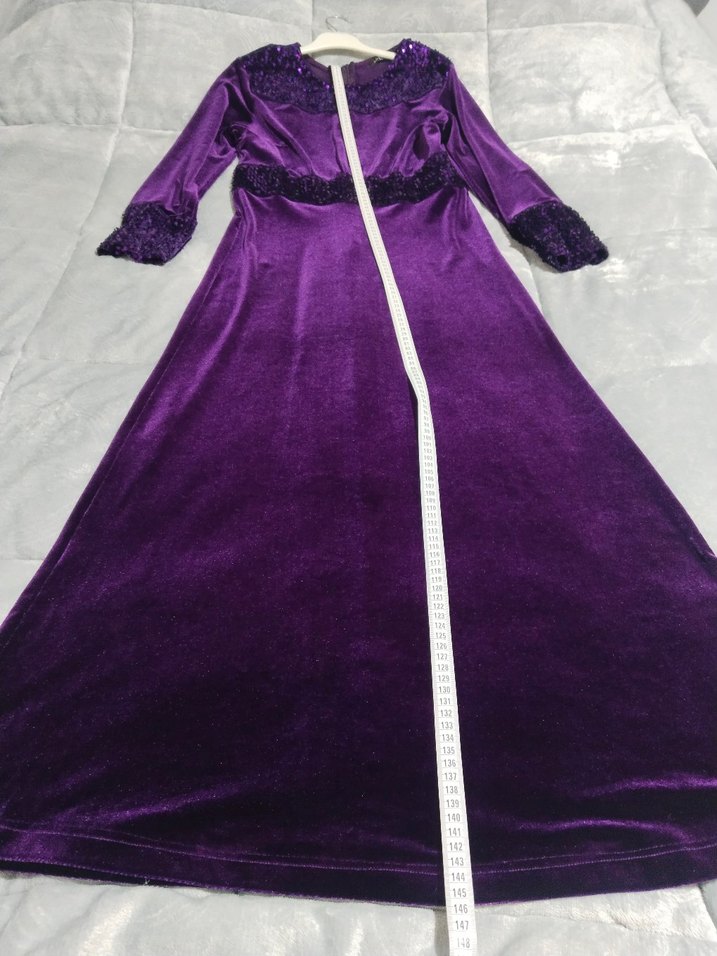 Mor Uzun Kollu Payetli kadife Kadın Abiye Elbise - Görsel 3