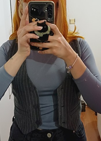 Stradivarius Gri Çizgili Mini Düğmeli Kadın Yelek - Görsel 4