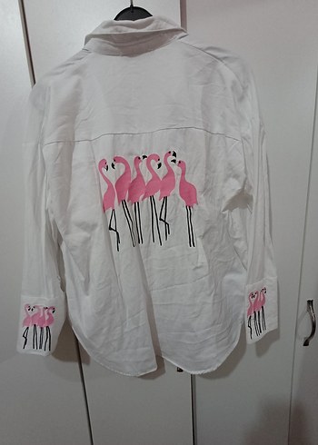 Düğmeli Beyaz Uzun Kollu Baskılı Kadın Gömlek - Görsel 2