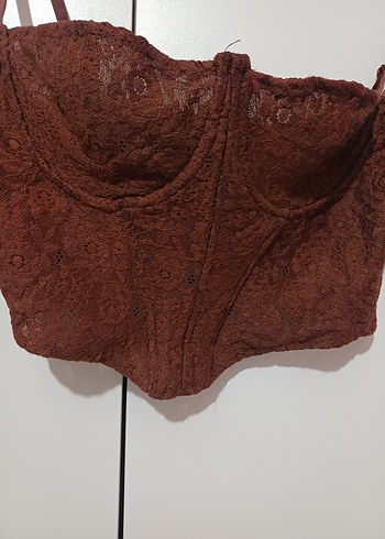 Dantel Detaylı Kahverengi Deri Straplez Büstiyer - Görsel 2