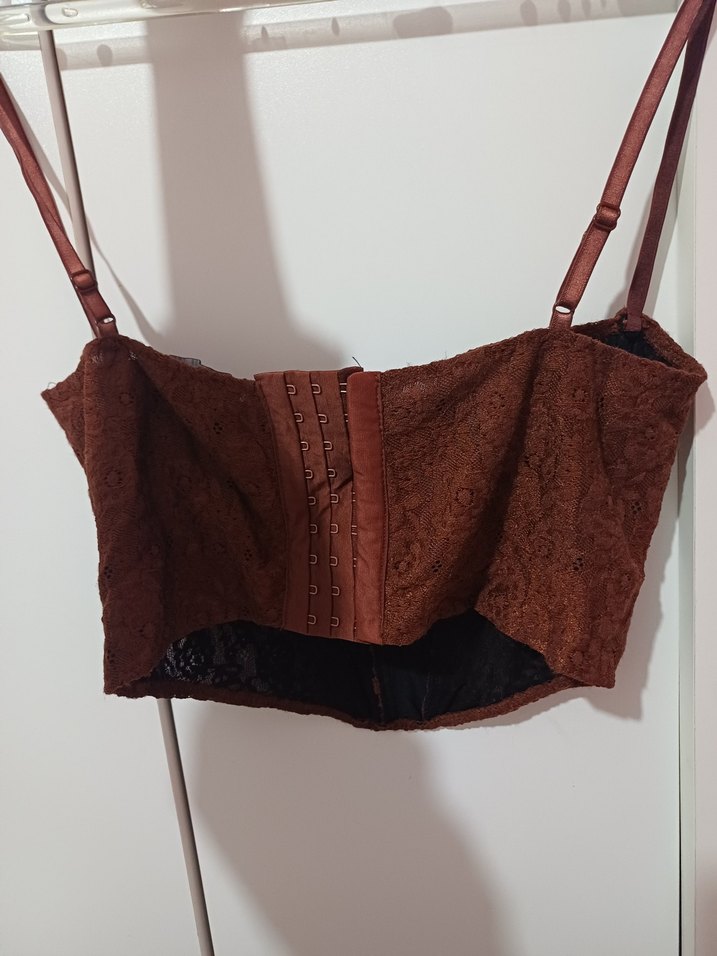 Dantel Detaylı Kahverengi Deri Straplez Büstiyer - Görsel 3