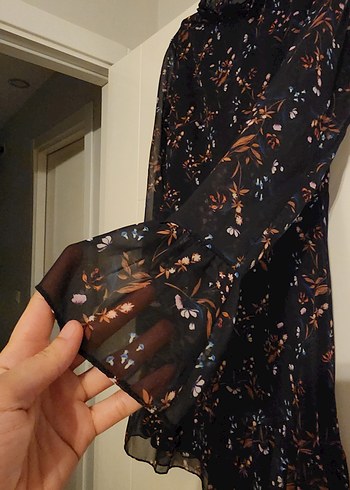 Uzun Kollu Fırfırlı Midi Elbise - Görsel 2