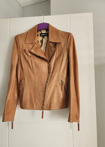 s Beden Bej Deri Biker Ceket