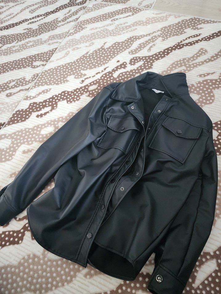 Düğmeli Siyah Deri Kadın Ceket,Gömlek - Görsel 5