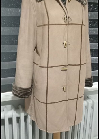 Kürklü Bej Süet Kadın Kaban - Görsel 6