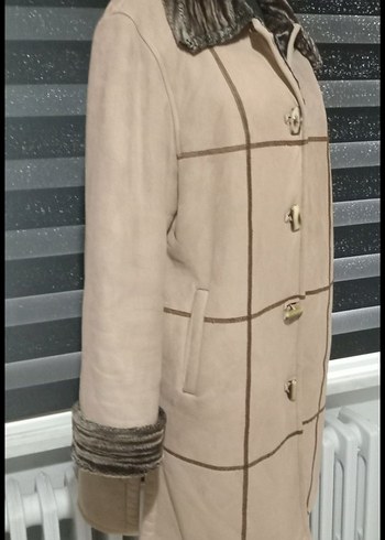 Kürklü Bej Süet Kadın Kaban - Görsel 2