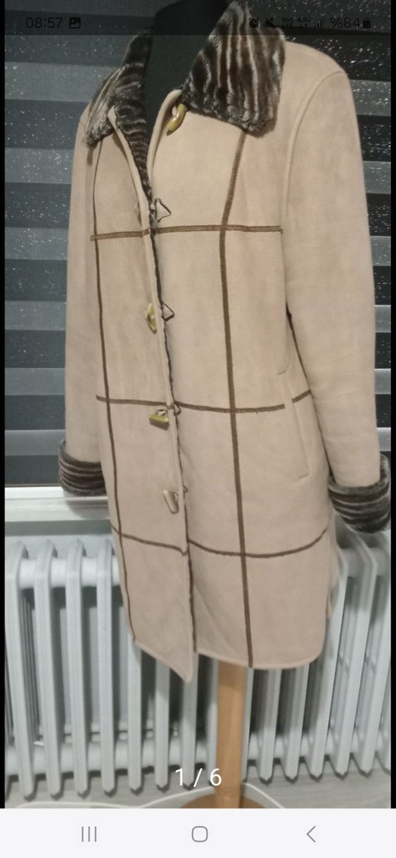 Kürklü Bej Süet Kadın Kaban - Görsel 4