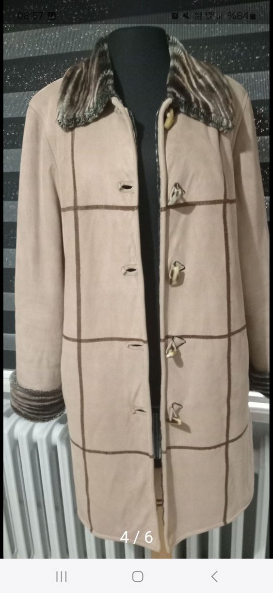 Kürklü Bej Süet Kadın Kaban - Görsel 5