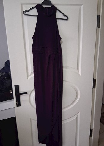 Mor Uzun Drapeli Yüksek Yakalı Kadın Elbise - Görsel 2