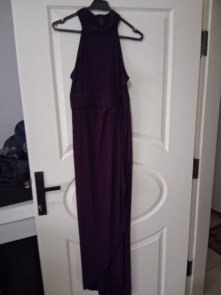 Mor Uzun Drapeli Yüksek Yakalı Kadın Elbise - Görsel 2