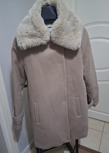 Bej Midi Kadın Kaban, Kürk Detaylı, Rahat Kesim - Görsel 4