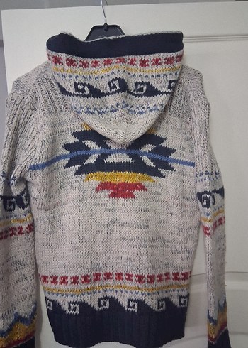 Gri Desenli Kadın Kapüşonlu Triko hırka - Görsel 3