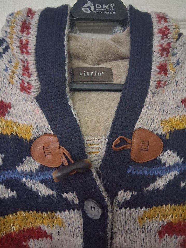 Gri Desenli Kadın Kapüşonlu Triko hırka - Görsel 2