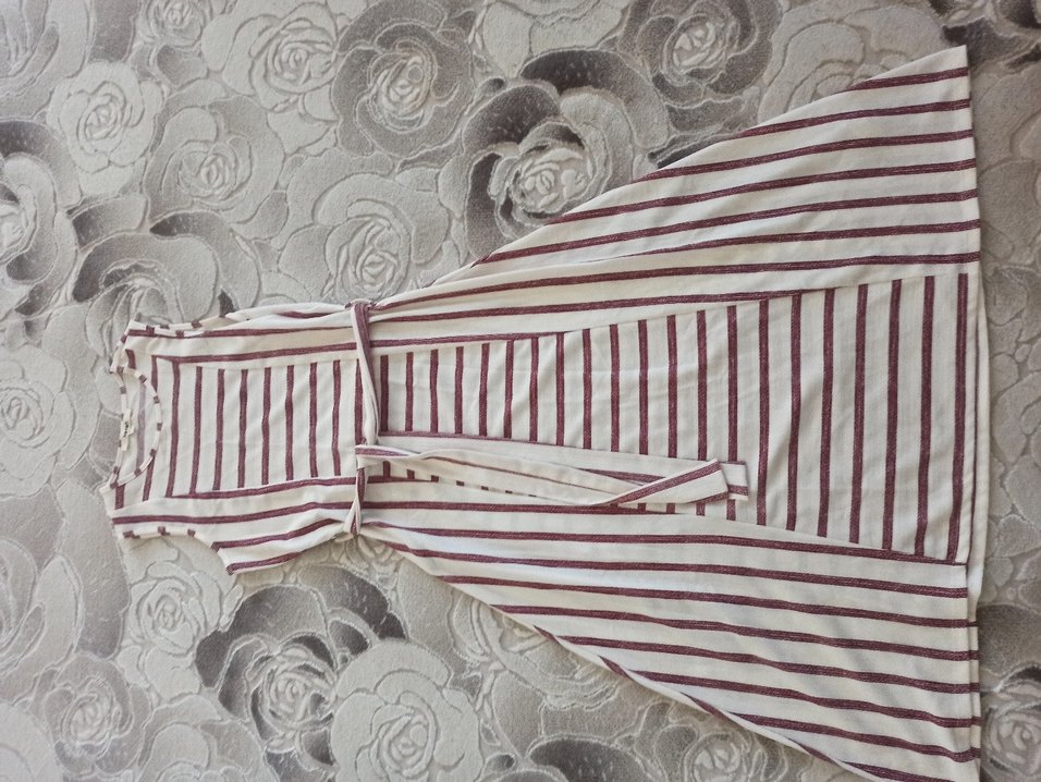 Bordo Çizgili Uzun Kolsuz Triko Elbise - Görsel 3