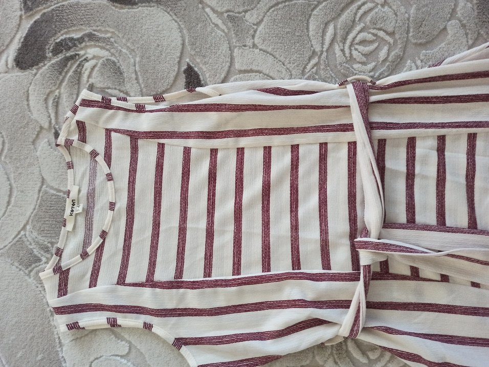 Bordo Çizgili Uzun Kolsuz Triko Elbise - Görsel 4