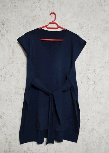 Lacivert V Yakalı Triko Kemerli Kadın Süveter - Görsel 2