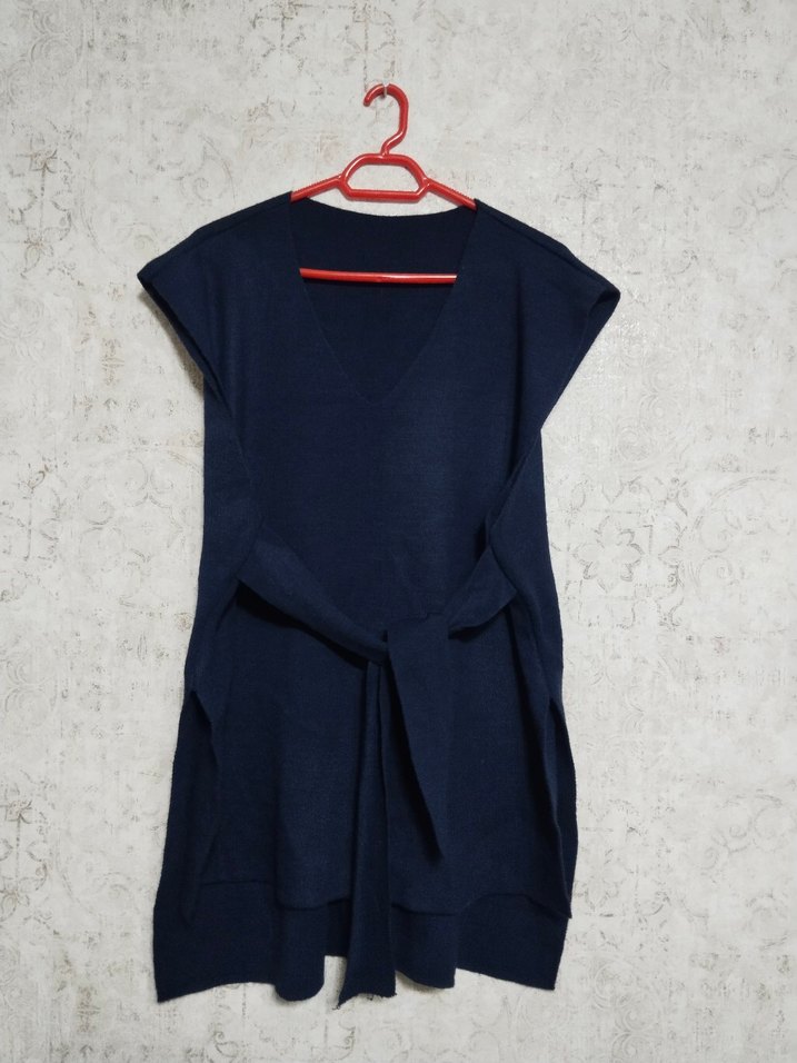 Lacivert V Yakalı Triko Kemerli Kadın Süveter - Görsel 2