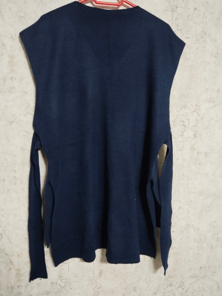 Lacivert V Yakalı Triko Kemerli Kadın Süveter - Görsel 3