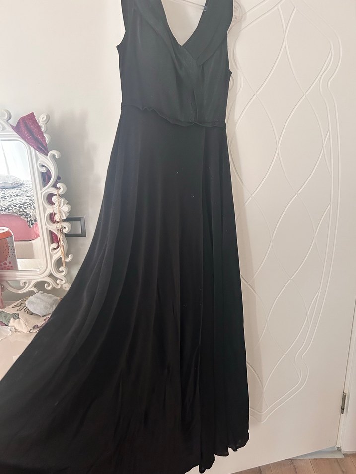 Siyah Uzun V Yaka Drapeli Kadın Elbise - Görsel 2