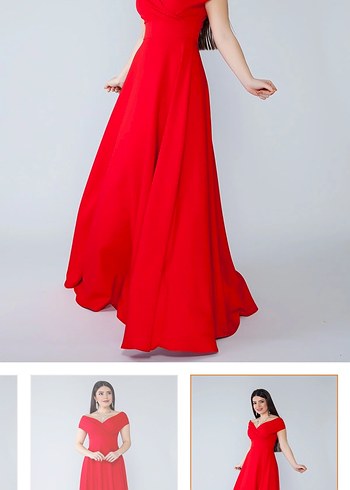 Klasik Kırmızı V Yaka Uzun Abiye Elbise - Görsel 3