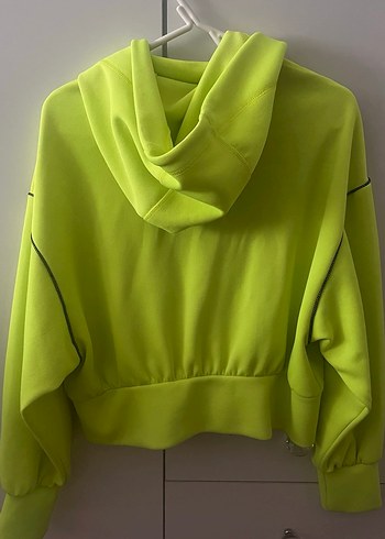 Neon Sarı Fermuarlı Kapüşonlu Kadın Sweatshirt - Görsel 3