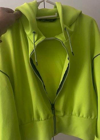 Neon Sarı Fermuarlı Kapüşonlu Kadın Sweatshirt - Görsel 2