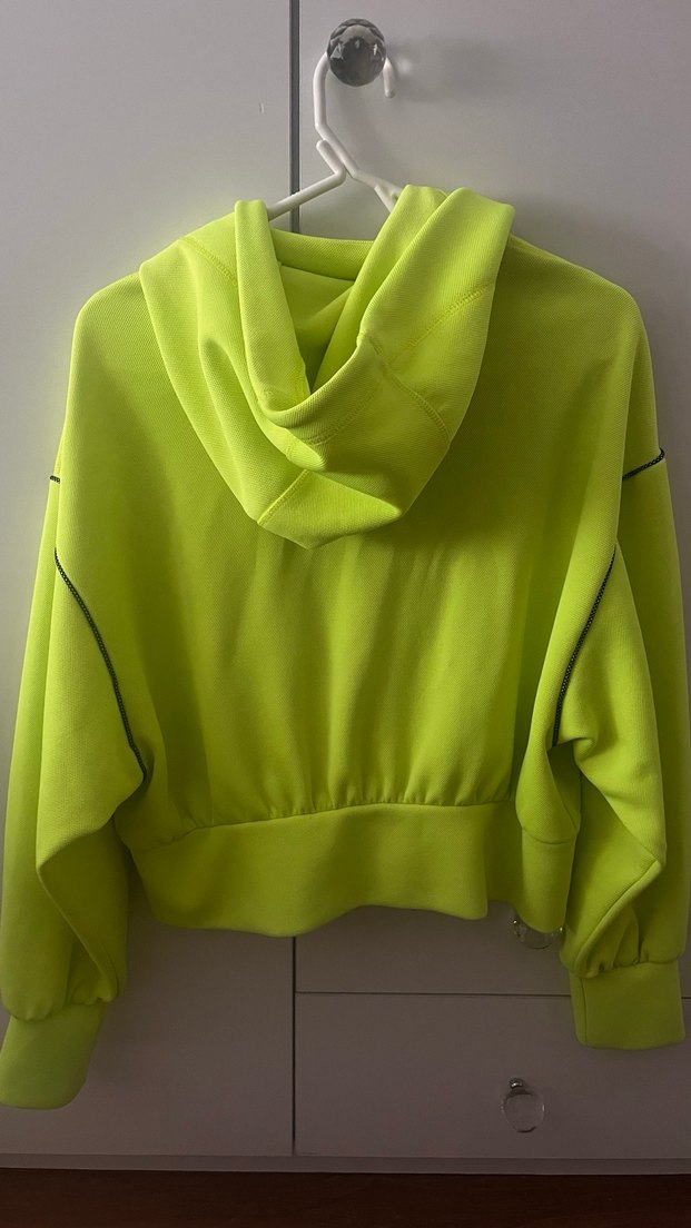 Neon Sarı Fermuarlı Kapüşonlu Kadın Sweatshirt - Görsel 3