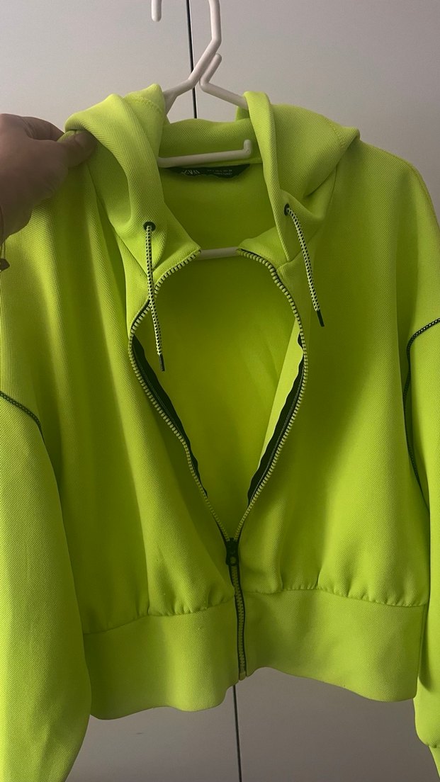 Neon Sarı Fermuarlı Kapüşonlu Kadın Sweatshirt - Görsel 2