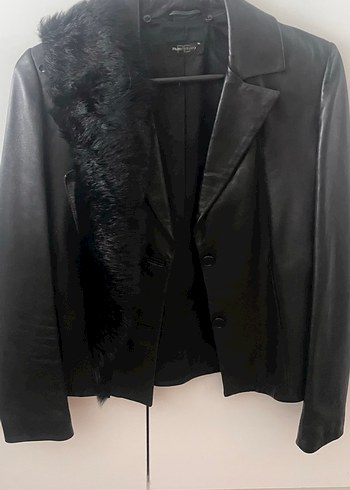 Kürk Yaka Detaylı Siyah Deri Kadın Ceket - Görsel 2
